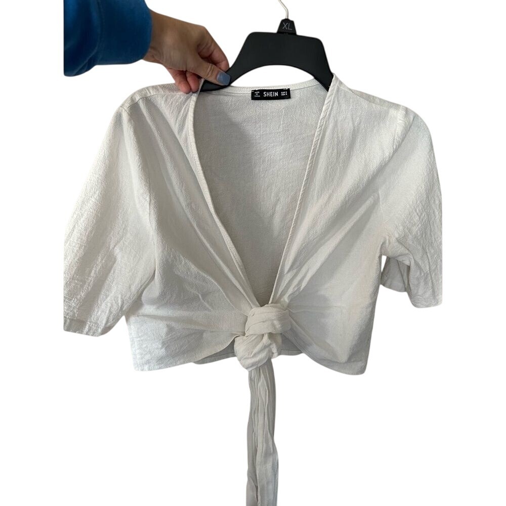 SHEIN White Tie Front Crop Top‎ Short Sleeve Blouse - Size S